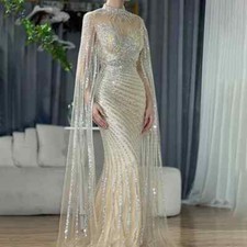 Mermaid Cape Sleeves Lace Beaded Long Evening Dresses Gowns Sweep Train Beading