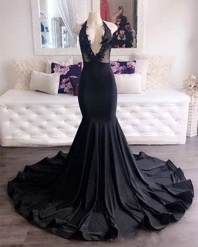 Sexy Black Mermaid Evening Dresses Deep V Neck Lace Formal Party Prom Gowns - Picture 3 of 10