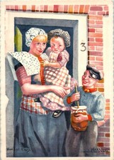 Vintage Mother and Children by Artist Max Nauta Postcard Postmarked 1956