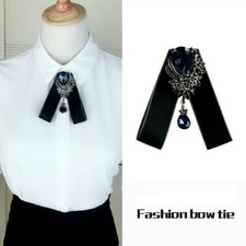 Women Girls Clip On Neck Bow Tie Ribbon Rhinestone Pendant Shirt Accessories New