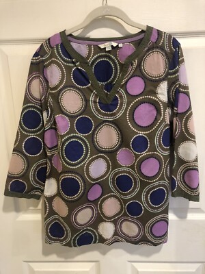 Boden Women s V-Neck Pullover Top Blouse Size US 8 Olive w/Colored Dots