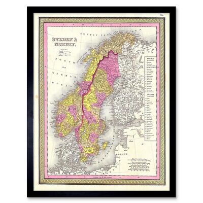 1850 Mitchell Map Sweden And Norway Vintage 12X16 Inch Framed Art Print