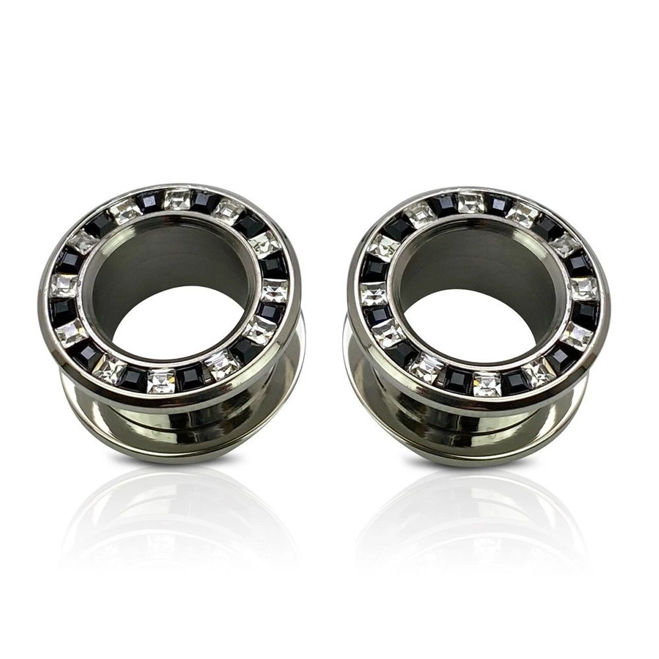 Pressed Rimmed Surgical Steel Black Clear CZ Screw Tunnel Ear Plugs - Sold Pair