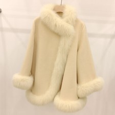 Fox Fur Collar Cape Shawl Coat Women's Wool Cashmere Jackets Casual Overcoats