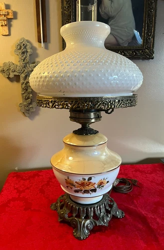 Beautiful Vintage Hobnail Milk Glass Floral Hurricane Lamp 22" Tall