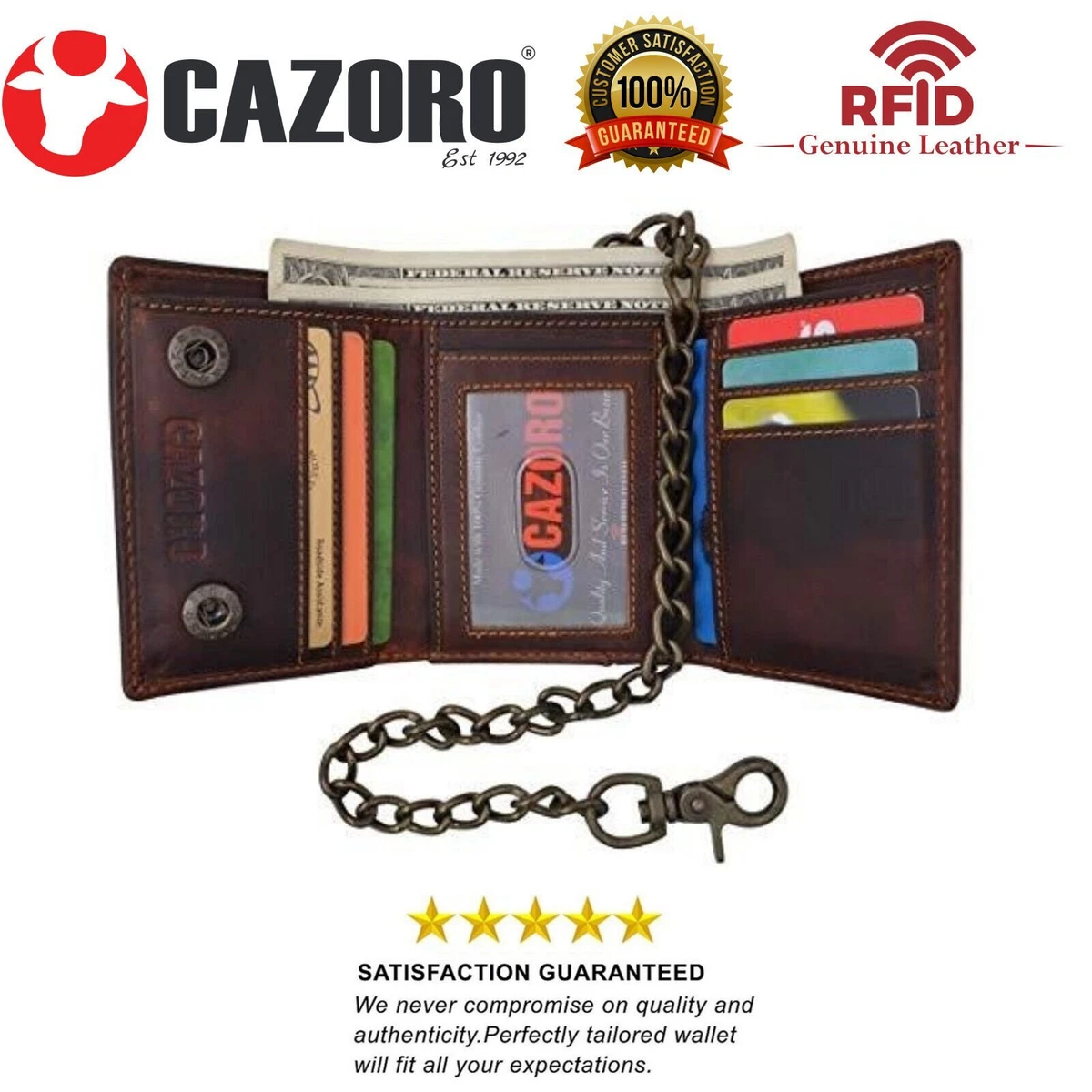 RFID Blocking Men's Tri-fold Vintage Leather Biker Chain Wallet