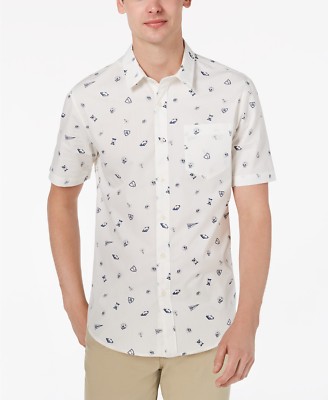 $116 American Rag Mens Regular Fit White Blue Short Sleeve Button Casual Shirt S