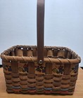 VINTAGE HANDMADE Woven Natural Wood BASKET WITH HANDLE W/ Colorful Sewing Strip 