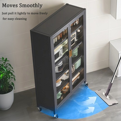 6-Tier Pantry Cabinet - Adjustable Shelves & Locking Wheels (Transparent Door) - Picture 4 of 8