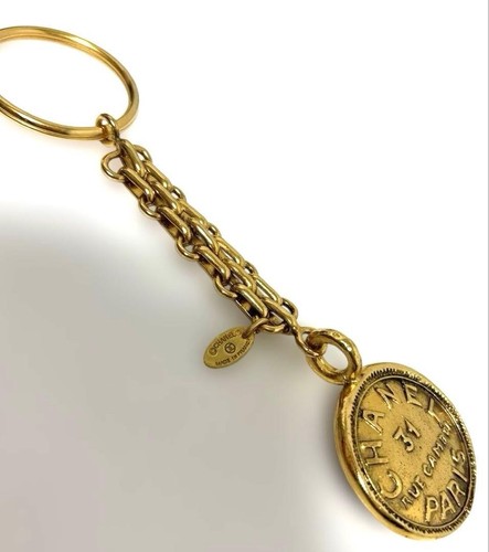 CHANEL Cambon Line Gold Chain Charm Key Ring Round France Authentic