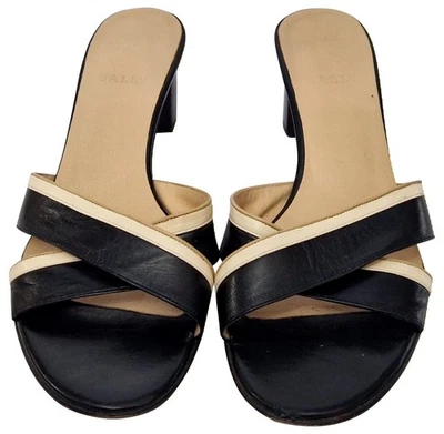 Bally Femmes à Enfiler Noir Cuir Crème Bloc Talon Sandales Mules Ue 39.5 UK 6.5 - Photo 1/4