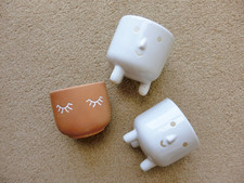 Set of 3 Cute Face Terracotta and Off-white Mini Ceramic Plant Pots, 7.5x8cm