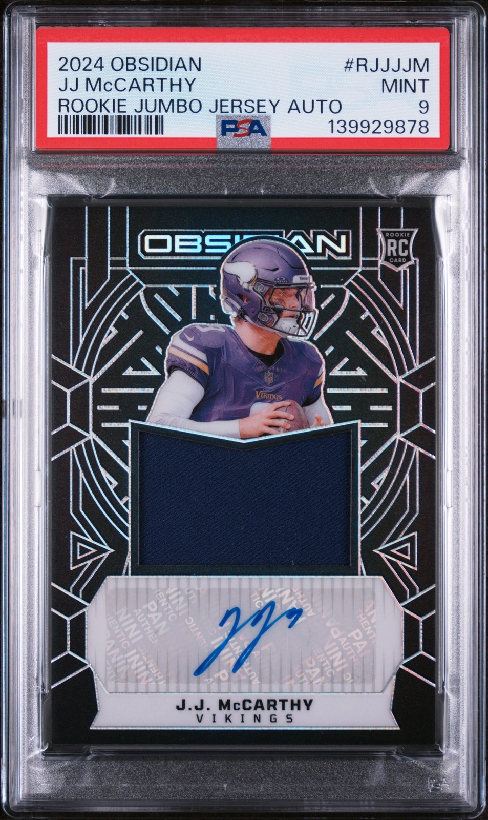 2024 Panini Obsidian Rookie Jumbo Jersey #RJJJJM Jj Mccarthy Auto PSA 9