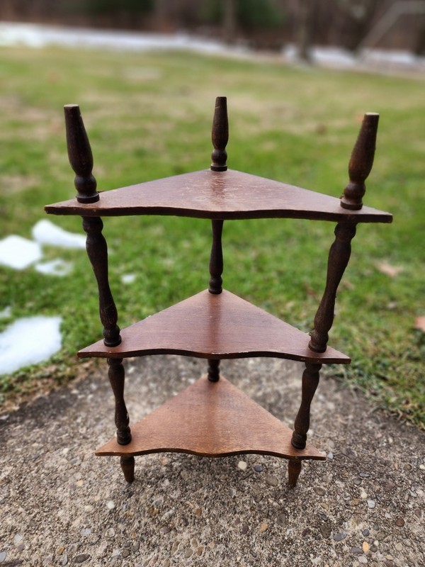 VTG Wood Corner Hanging Spindle Small 3 Tier Wall Shelf Knick Knack Wooden 19"