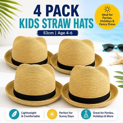 4er Pack Kinder Stroh Trilby Hüte 53 cm Sommer Party Kostüm Strand Alter 4-6