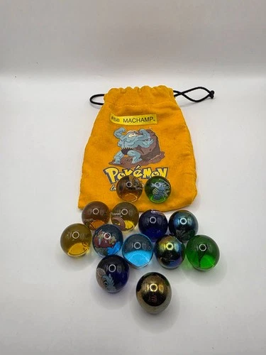 Pokémon Marbles Set – Machamp (#68) Velvet Bag – 13 Marbles – Vintage – Playworn