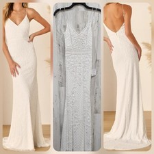LULUS Cherished Vow White Beaded Backless Mermaid Maxi Dress Size XS**NEW**