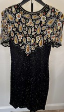 Vintage Lawrence Kazar Black Silk Beaded Sequin Dress Open Back India Size S