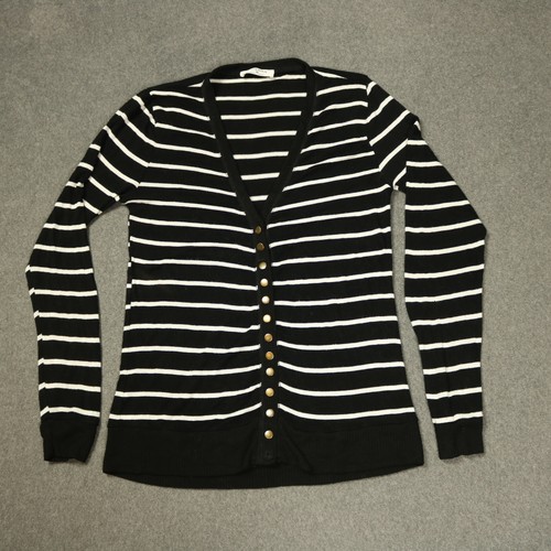 Zenana Striped Snap Front Knit Cardigan FLAW Long Sleeve Black & White M - Picture 2 of 24