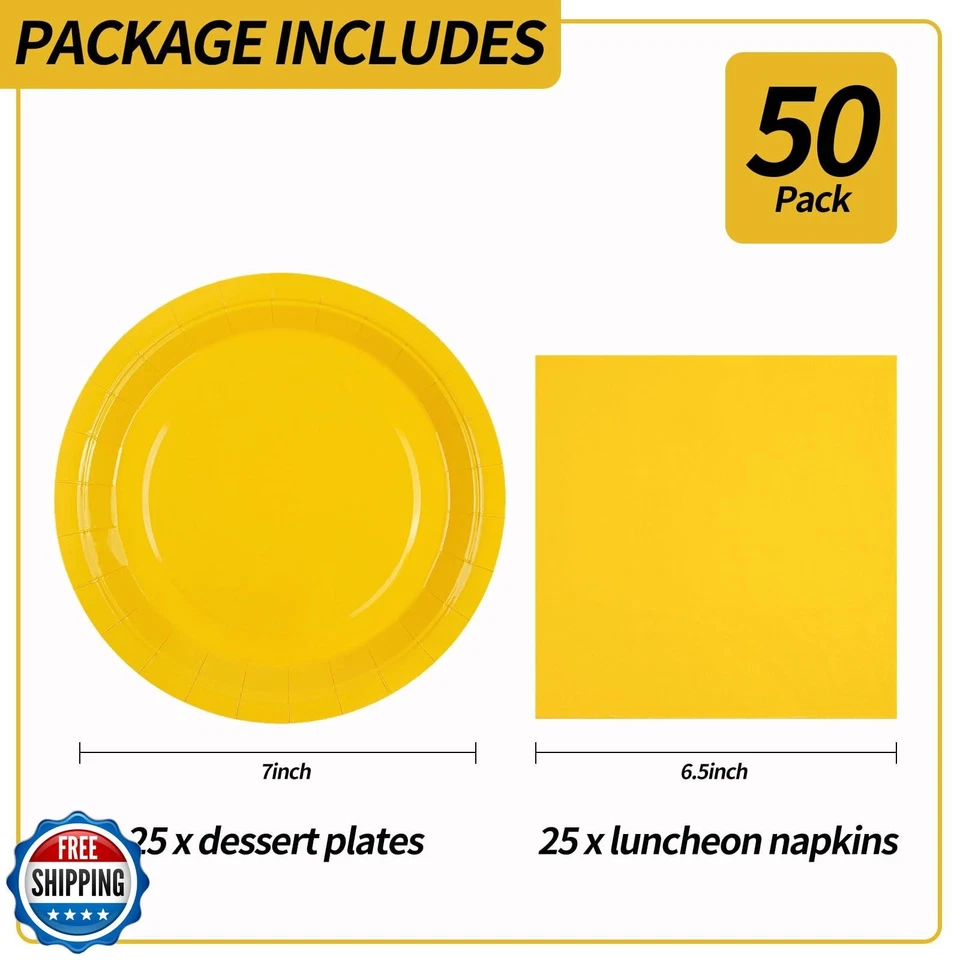 Platos y servilletas de papel amarillo HFBOBP 50 PIEZAS decoraciones, amarillo macizo de 7 pulgadas Foto 3 de 4