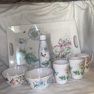 Lenox Melamine Butterfly Meadows Group Water Bottle Tray 2 Bowls 3 Mugs