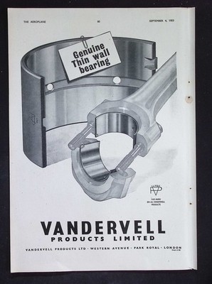 Original 1953 Reklame Vandervell original Dünnwandlagertechnik