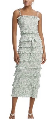 V. Chapman Lily Dress Sage Toile Green White Smocked Ruffle Midi Dress 2