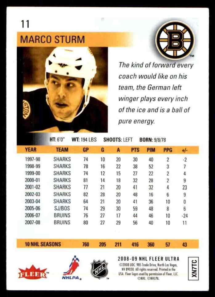 2008-09 Fleer Ultra Marco Sturm #11 - Image 2 of 2