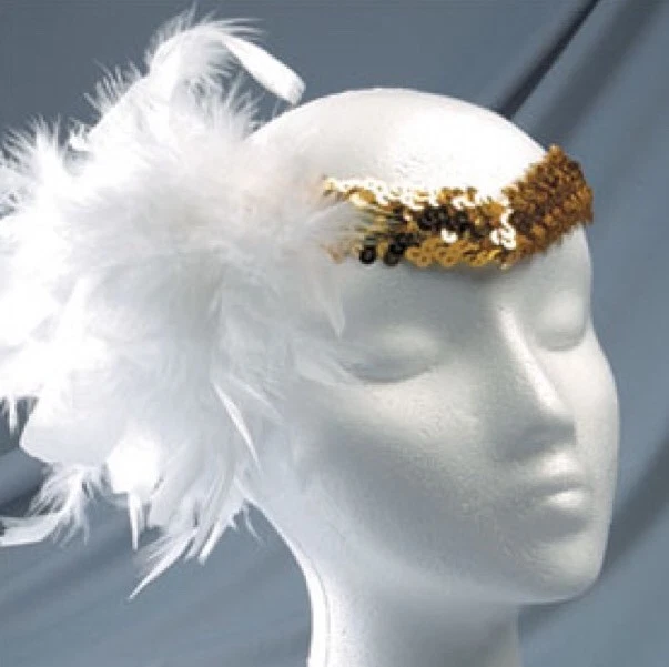 Dance Gold Sequin Headband w/White Boa Feathers One Size Angel Halloween  Costume