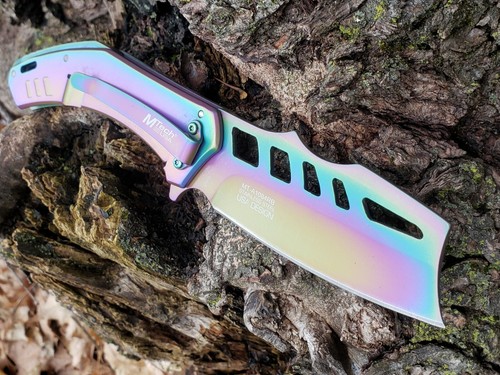 Satin Gold Black Rainbow Pocket Knife All Metal Cleaver Frame Lock EDC - Picture 4 of 12