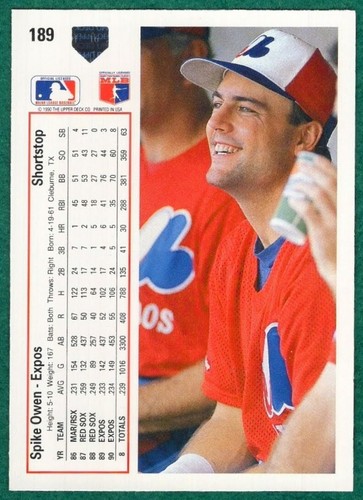 Spike Owen - 1991 Upper Deck #189 - Montreal Expos Baseball Card - Picture 2 of 2