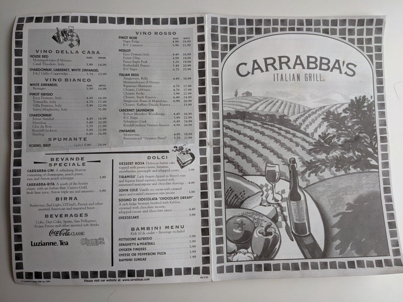 CARRABBA'S Italian Grill Takeout Menu with 1999 Prices listed.