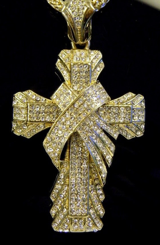 Green Chain Rapper Cross Chunky Rap Crystal Cross Pendant Jesus Christ Necklace Franco 36