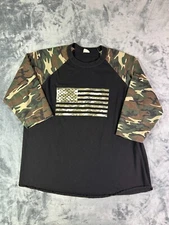 Vintage Y2K Shaka Wear Camo Sleeve American Flag Baseball Tee Raglan 2XL Grunge