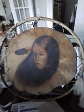 Vintage American Indian Feather Mullan Painted Stamped Leather Dream Catcher