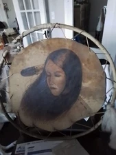 Vintage American Indian Feather Mullan Painted Stamped Leather Dream Catcher ❤️