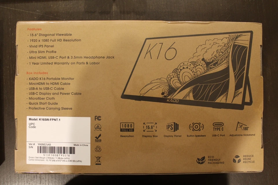 KADO K16 K165W-FPNT.1 Portable Monitor for Laptop 15.6" HDMI USB-C IPS 1920x1080 - Image 3 of 4