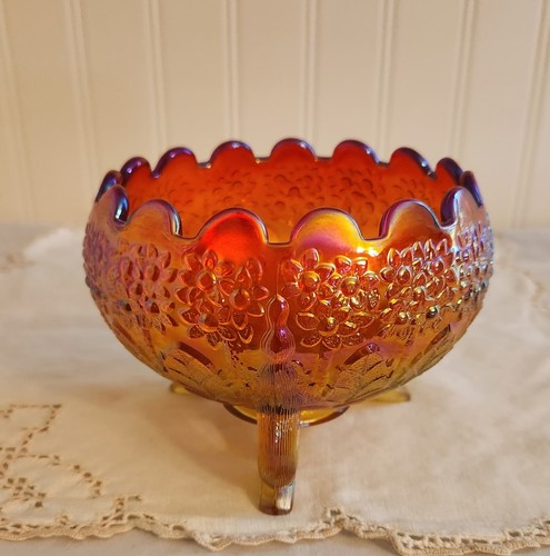 Fenton VTG Flowers Iridescent Red Amberina Carnival Glass Orange Tree Rose Bowl - Picture 3 of 19