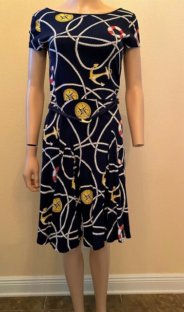 Lauren Ralph Lauren Nautical Anchor Dress with Rope Clasp Belt Sz S Navy White | eBay