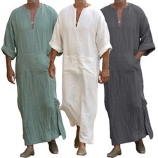 Men Long Linen Jubba Thobe Kaftan Muslim Arab Islamic V-neck Long Sleeve Abaya