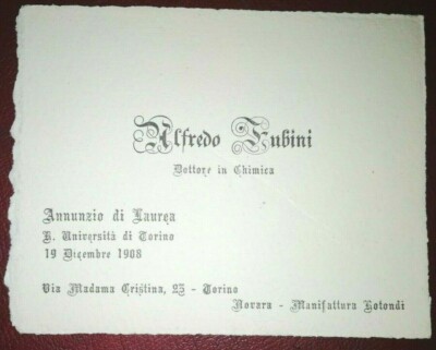 R. UNIVERSITY OF TURIN - ANNOUNCEMENT OF DEGREE IN CHEMISTRY 1908 - TICKET