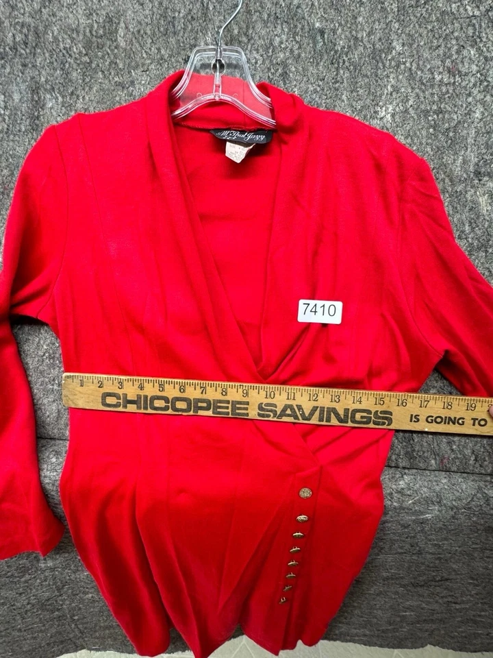 Vestido envolvente All That Jazz vintage con botones manga larga tejido rojo 11/12 hecho en EE. UU. Foto 3 de 4