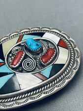 ONE OF THE COOLEST EVER VINTAGE ZUNI TURQUOISE INLAY STERLING SILVER BUCKLE