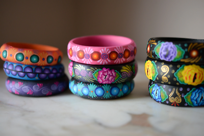 New Handmade Painted Wooden Bangle Bracelet - Mexican Folk 
