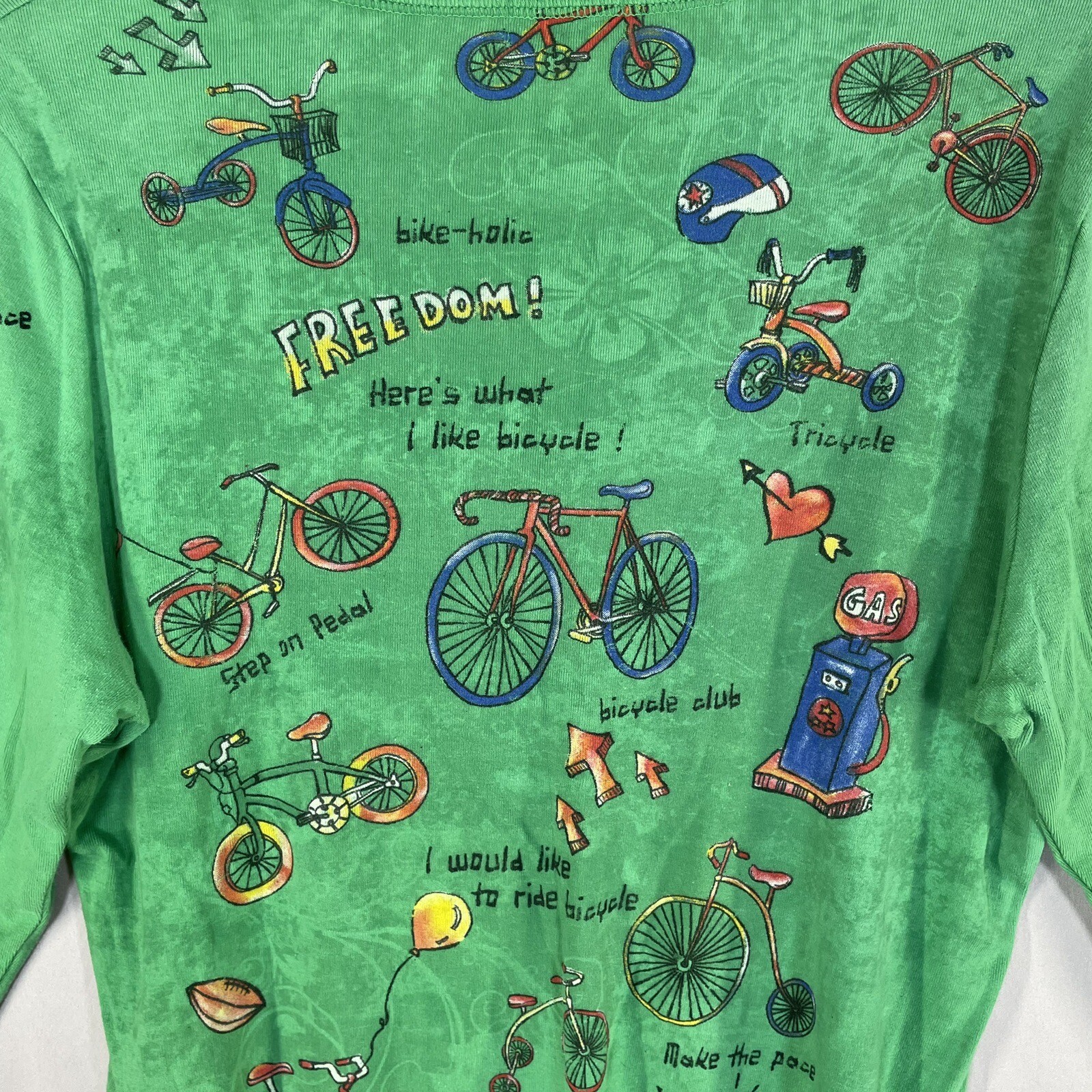Cactus Brand 3/4 Sleeve Shirt Women Size Large Green Bicycle Print Studded