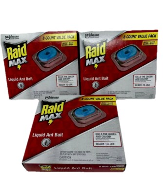 (x3)-Raid Max Liquid Ant Bait 8 Count Value Pack kills indoors Queen Colony Box
