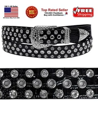 Silver Bling Crystals Rhinestones 1 Hole Grommets Black Bonded Leather Belt