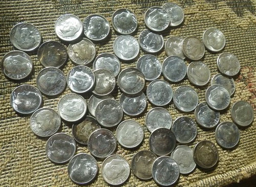 50 Silver Roosevelt Dimes 1955-1964, many BU, some toned