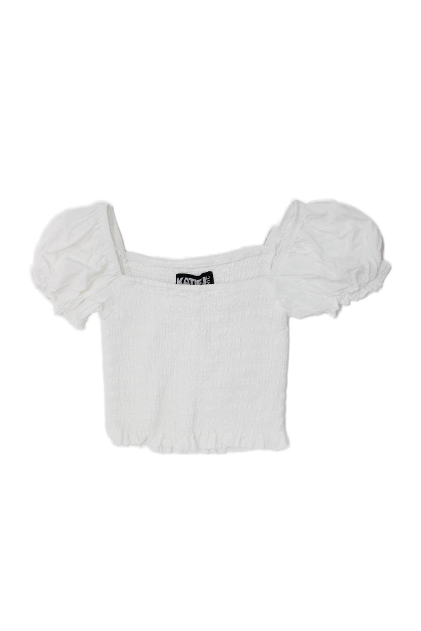 Katie J Girls Short Sleeve V Neck Smocked Crop Top White Size Extra LargeFree Shipping in US $100+ Orders | $6.95 Orders Below