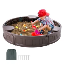 Uimoso Sandbox with Cover Round Sand Box HDPE Sand Pit Outdoor Backyard Age 3-12